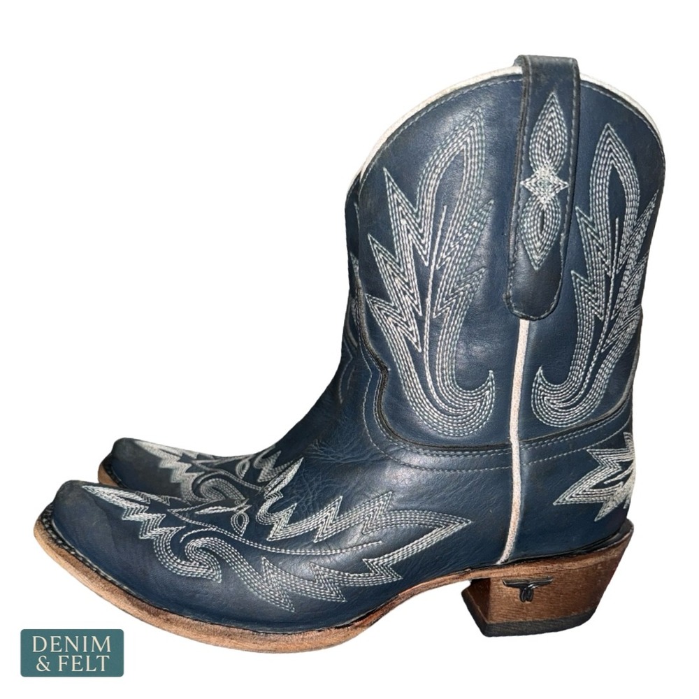 Lane Midnight‎ Blue Distressed Western Booties Snip Toe Embroidered Leather 7.5B - Picture 5 of 12